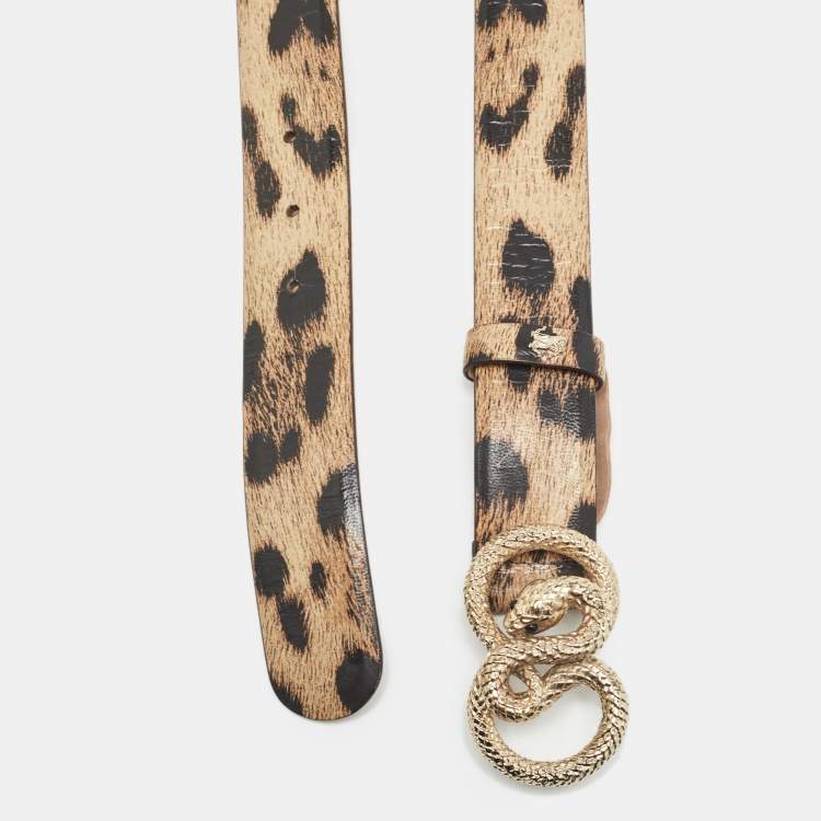 Pre Owned Roberto Cavalli Beige/Black Leopard Print Leather Snake Buckle Belt 90CM