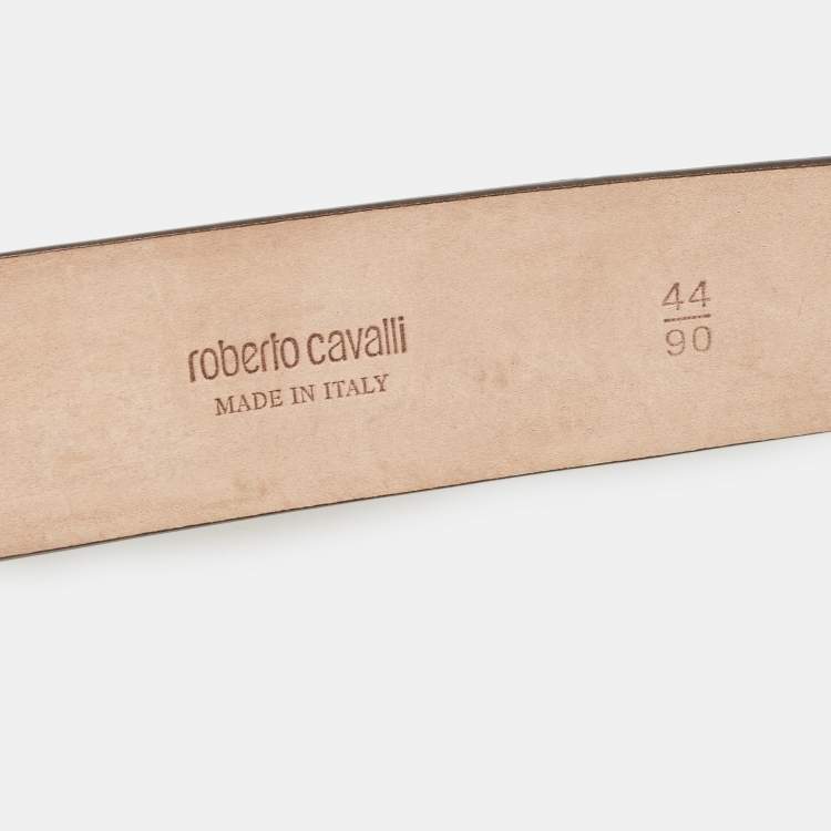 Pre Owned Roberto Cavalli Beige/Black Leopard Print Leather Snake Buckle Belt 90CM