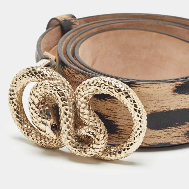 Pre Owned Roberto Cavalli Beige/Black Leopard Print Leather Snake Buckle Belt 90CM