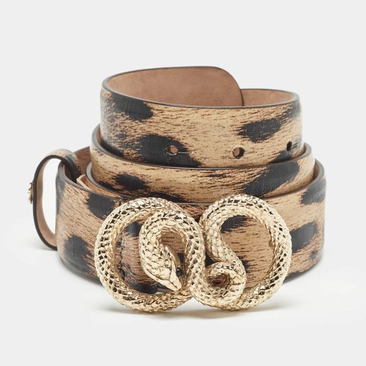 Pre Owned Roberto Cavalli Beige/Black Leopard Print Leather Snake Buckle Belt 90CM