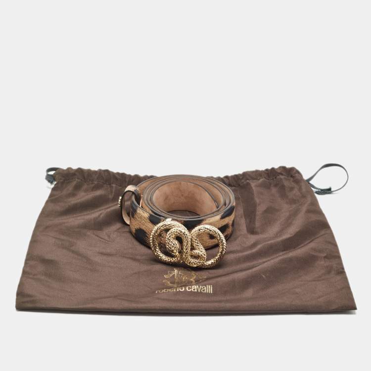 Pre Owned Roberto Cavalli Beige/Black Leopard Print Leather Snake Buckle Belt 90CM