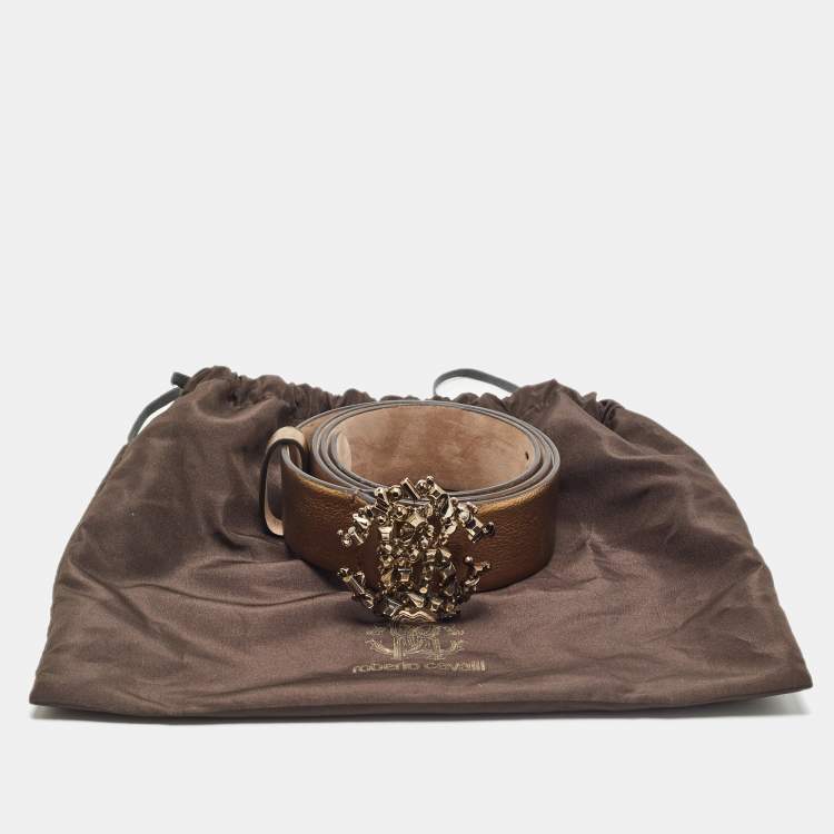 Pre Owned Roberto Cavalli Gold Leather Studded RC Belt 90CM