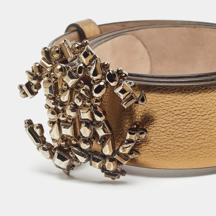 Pre Owned Roberto Cavalli Gold Leather Studded RC Belt 90CM