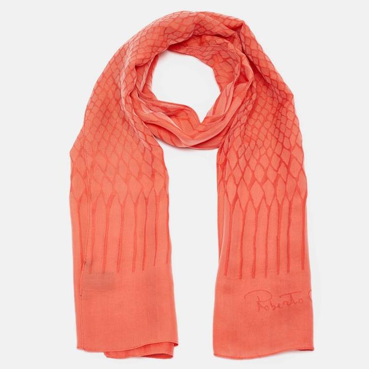 Pre Owned Roberto Cavalli Pink Snake Skin Patterned Silk Scarf 