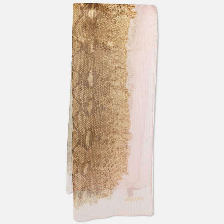 Pre Owned Roberto Cavalli Brown/Pink Python Print Lurex Silk  Scarf
