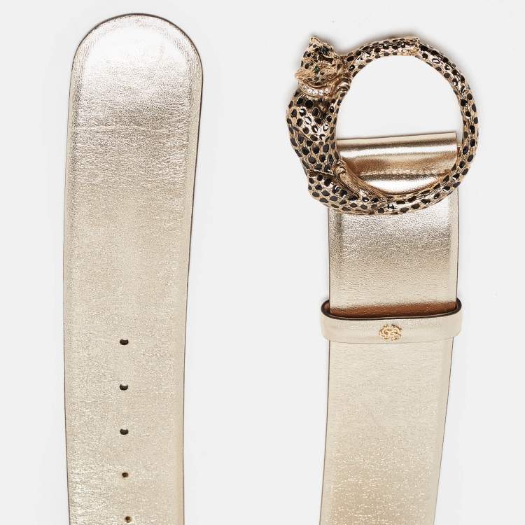 Pre Owned Roberto Cavalli Gold Leather Panther Round Buckle Belt 90CM
