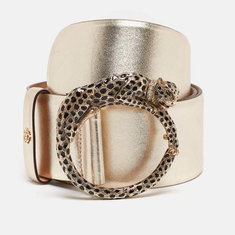 Pre Owned Roberto Cavalli Gold Leather Panther Round Buckle Belt 90CM