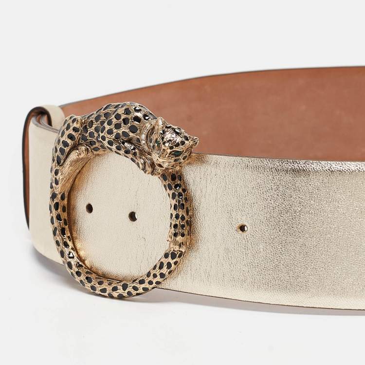 Pre Owned Roberto Cavalli Gold Leather Panther Round Buckle Belt 90CM