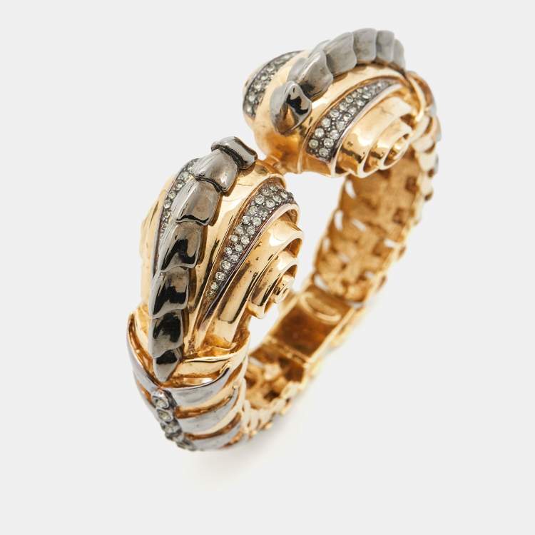 Pre Owned Roberto Cavalli Crystals Two Tone Metal Cuff Bracelet