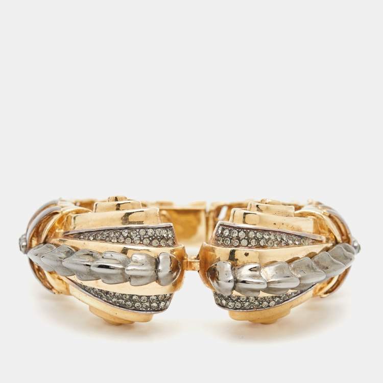 Pre Owned Roberto Cavalli Crystals Two Tone Metal Cuff Bracelet