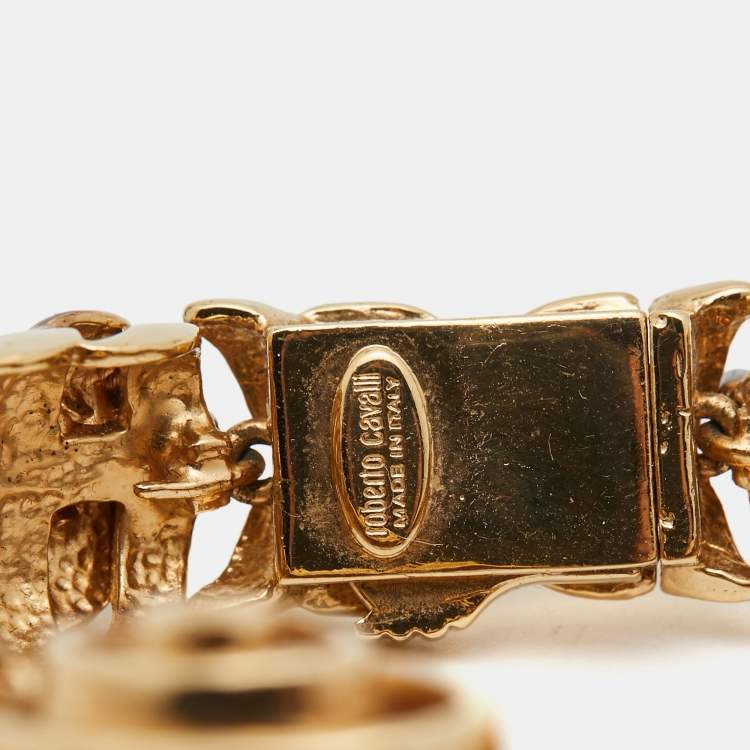 Pre Owned Roberto Cavalli Crystals Two Tone Metal Cuff Bracelet