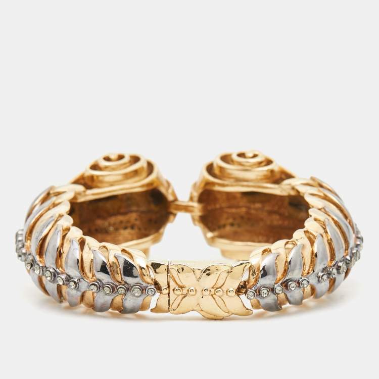 Pre Owned Roberto Cavalli Crystals Two Tone Metal Cuff Bracelet