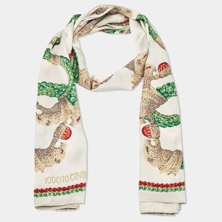 Pre Owned Roberto Cavalli White Glittered Print Satin Silk Scarf