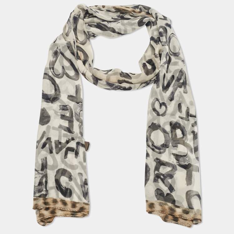 Pre Owned Roberto Cavalli Brown Logo and Leopard Print Silk Stole 