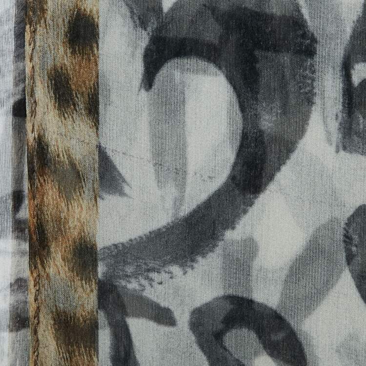 Pre Owned Roberto Cavalli Brown Logo and Leopard Print Silk Stole 