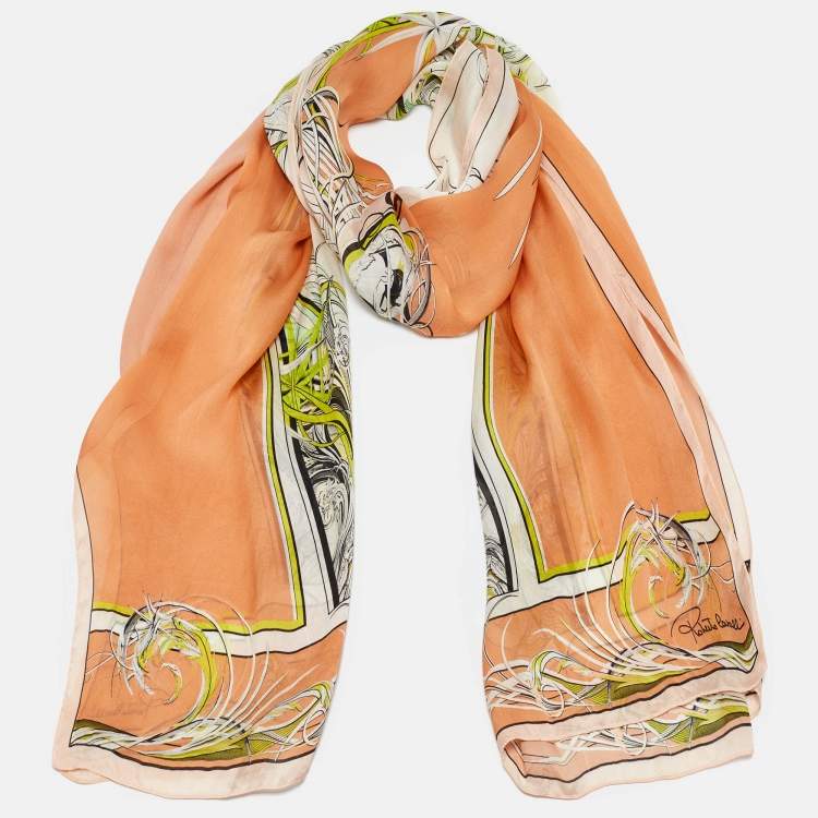 Pre Owned Roberto Cavalli Orange Printed Silk Chiffon Stole 