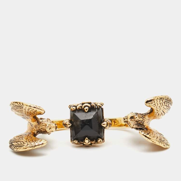 Pre Owned Roberto Cavalli 2 FInger Resinl Gold Tone Ring Size 56