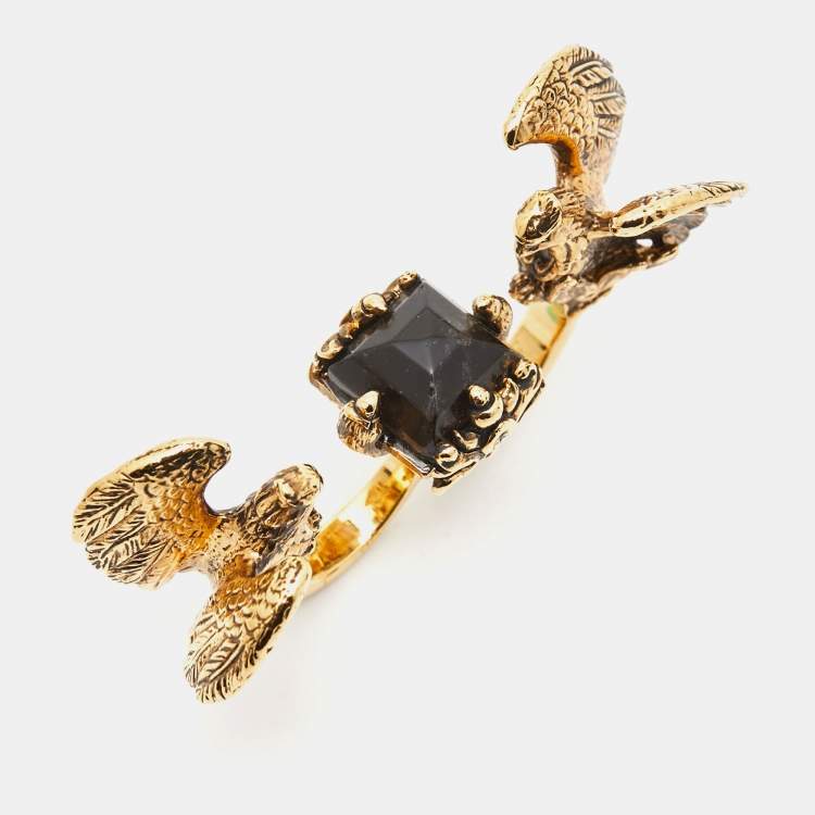 Pre Owned Roberto Cavalli 2 FInger Resinl Gold Tone Ring Size 56