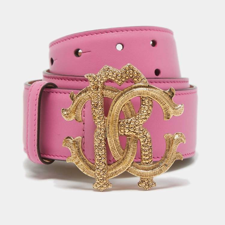 Pre Owned Roberto Cavalli Pink Leather RC Logo Buckle Belt 100CM