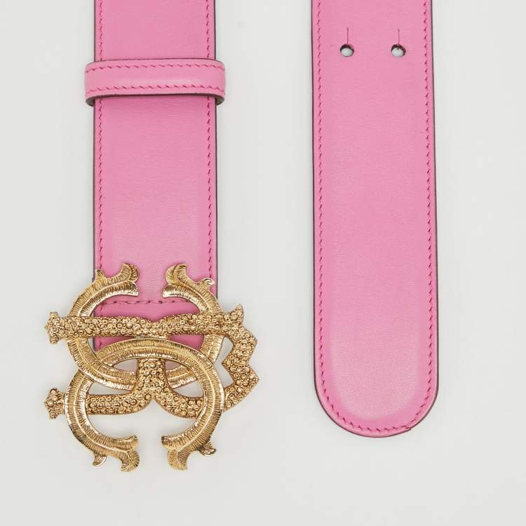 Pre Owned Roberto Cavalli Pink Leather RC Logo Buckle Belt 100CM
