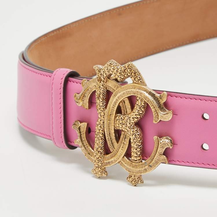 Pre Owned Roberto Cavalli Pink Leather RC Logo Buckle Belt 100CM