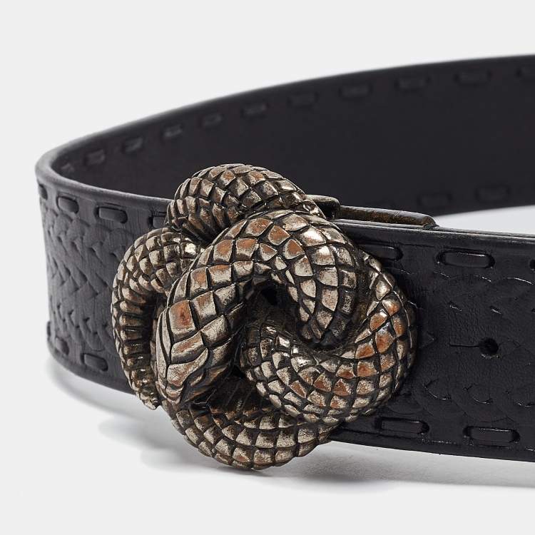 Pre Owned Roberto Cavalli Black Leather Snake Buckle Belt 110CM