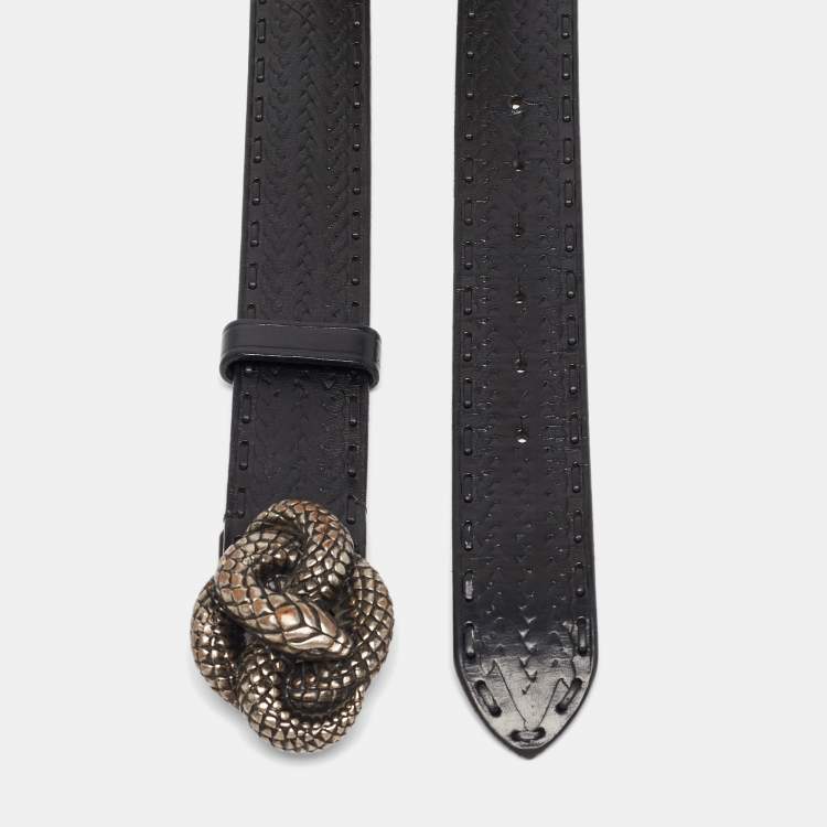 Pre Owned Roberto Cavalli Black Leather Snake Buckle Belt 110CM