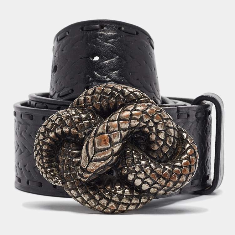 Pre Owned Roberto Cavalli Black Leather Snake Buckle Belt 110CM