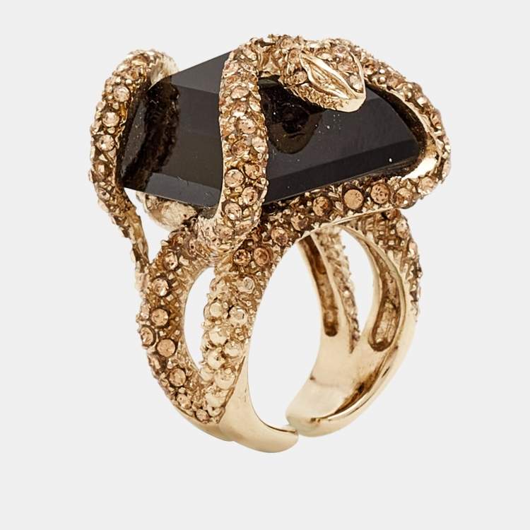 Pre Owned Roberto Cavalli  Crystals Gold Tone Ring Size 54
