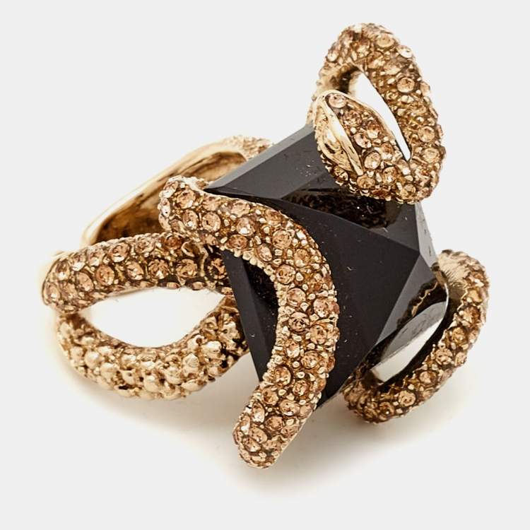 Pre Owned Roberto Cavalli  Crystals Gold Tone Ring Size 54