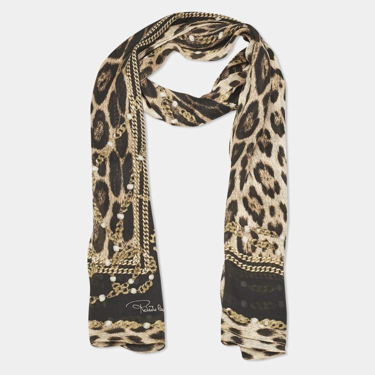 Pre Owned Roberto Cavalli Brown Chain/Leopard Print Silk Scarf