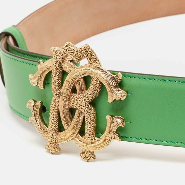 Pre Owned Roberto Cavalli Green Leather RC Logo Buckle Belt 90CM
