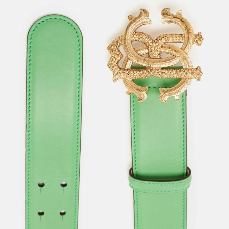 Pre Owned Roberto Cavalli Green Leather RC Logo Buckle Belt 90CM