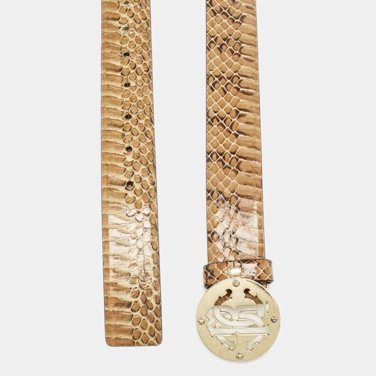 Pre Owned Roberto Cavalli Beige Snakeskin RC Logo Round Buckle Belt 95CM