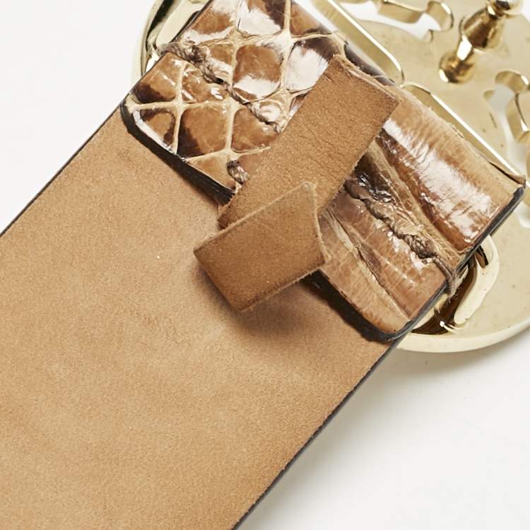 Pre Owned Roberto Cavalli Beige Snakeskin RC Logo Round Buckle Belt 95CM