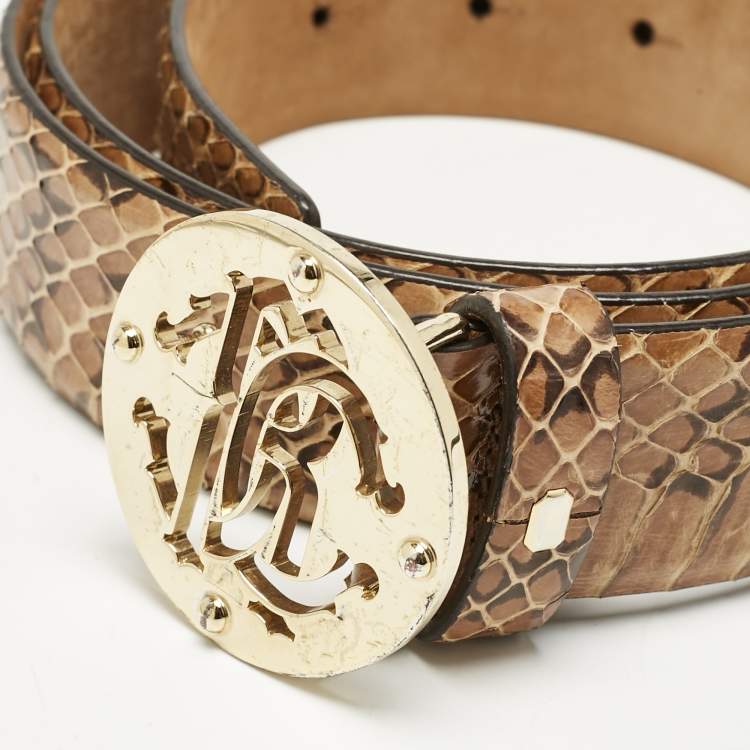 Pre Owned Roberto Cavalli Beige Snakeskin RC Logo Round Buckle Belt 95CM