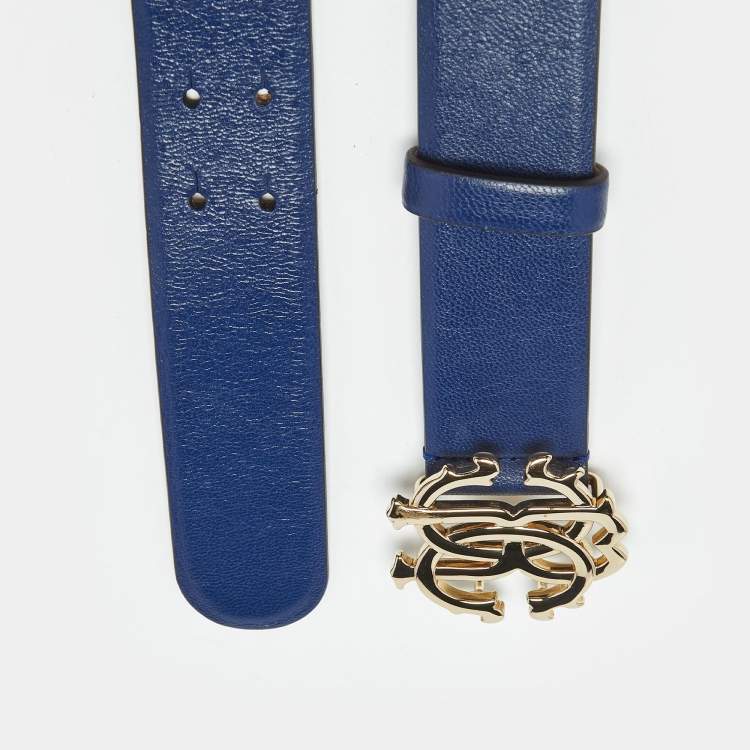 Pre Owned Roberto Cavalli Blue Leather RC Logo Buckle Belt 90CM