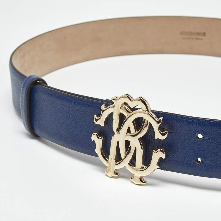Pre Owned Roberto Cavalli Blue Leather RC Logo Buckle Belt 90CM