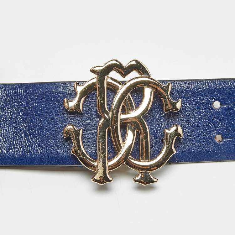 Pre Owned Roberto Cavalli Blue Leather RC Logo Buckle Belt 90CM