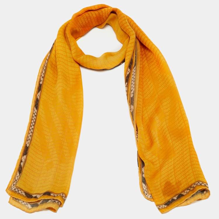 Pre Owned Roberto Cavalli Yellow Logo Print Silk Scarf 