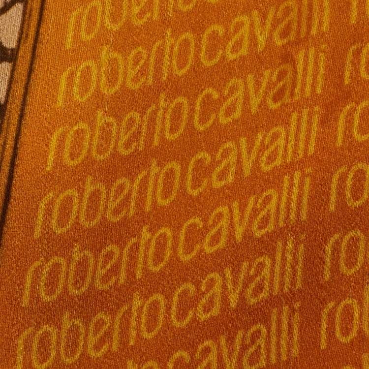 Pre Owned Roberto Cavalli Yellow Logo Print Silk Scarf 