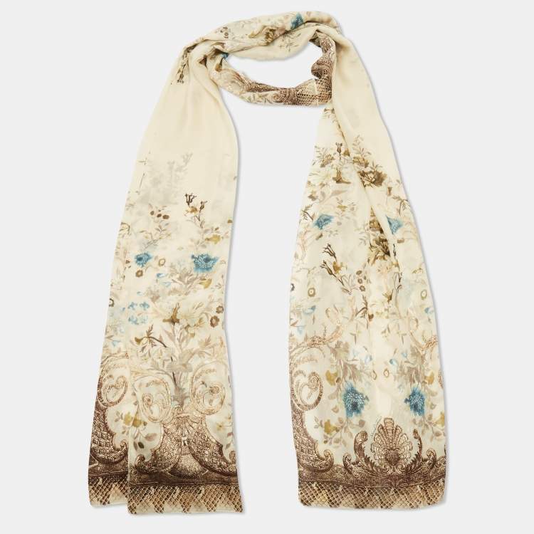 Pre Owned Roberto Cavalli Cream Floral and Snake Print Silk Stole 