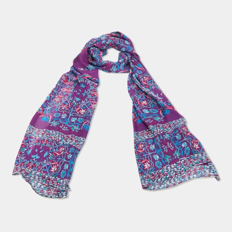 Pre Owned Roberto Cavalli Purple Floral Print Silk Stole 