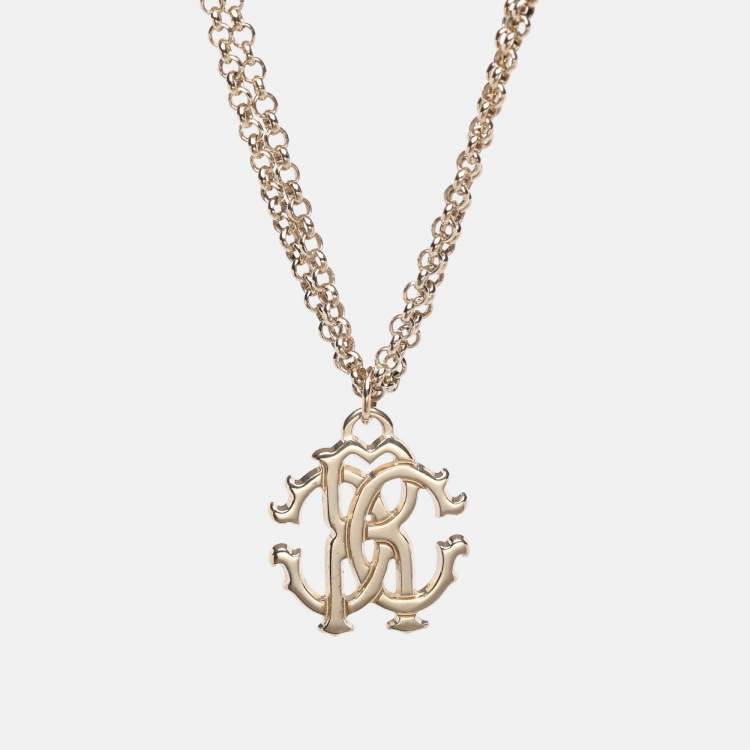 Pre Owned Roberto Cavalli Gold Tone Metal Logo Charm Bracelet 
