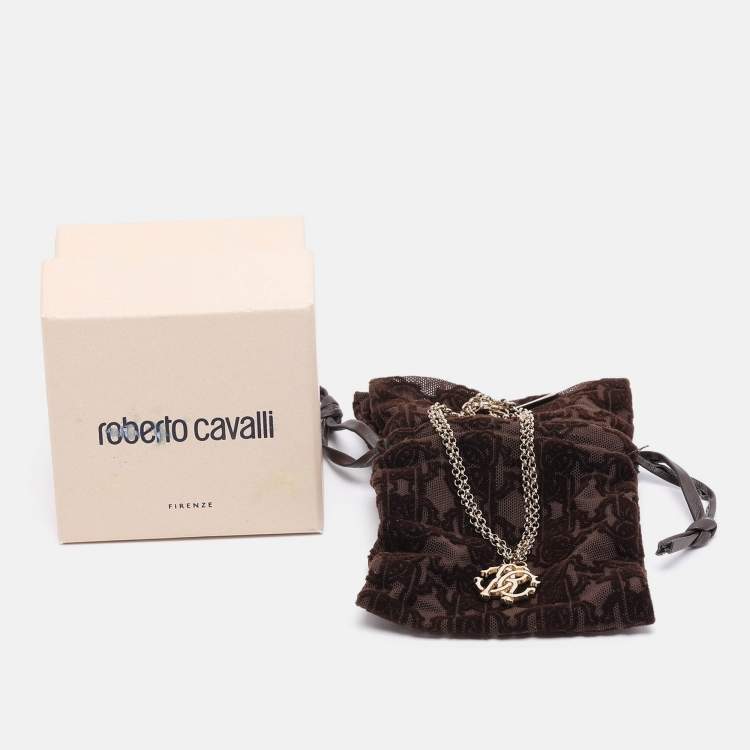 Pre Owned Roberto Cavalli Gold Tone Metal Logo Charm Bracelet 