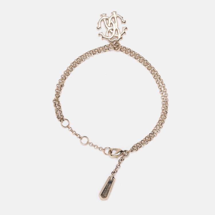 Pre Owned Roberto Cavalli Gold Tone Metal Logo Charm Bracelet 