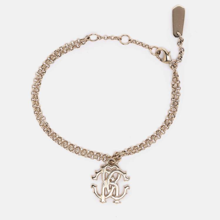 Pre Owned Roberto Cavalli Gold Tone Metal Logo Charm Bracelet 