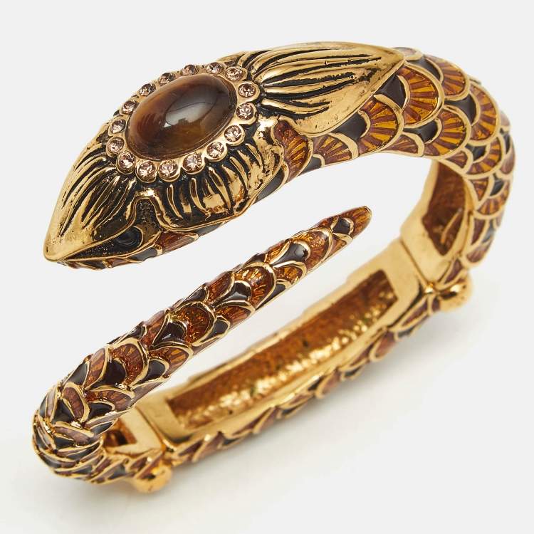 Pre Owned Roberto Cavalli Serpent Head Enamel Gold Tone Detailed Open Cuff Bracelet 