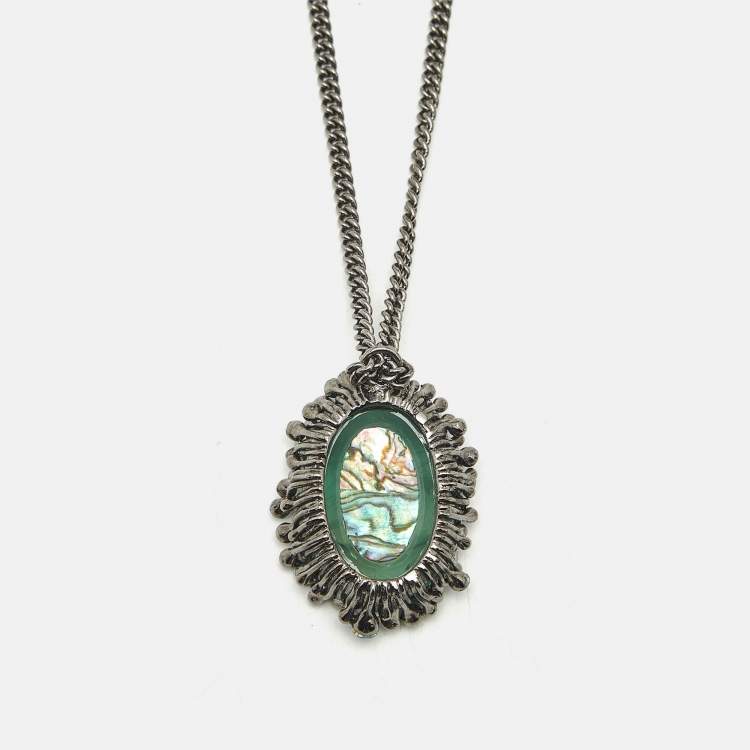 Pre Owned Roberto Cavalli Green Crystal Gunmetal Tone Pendant Necklace 