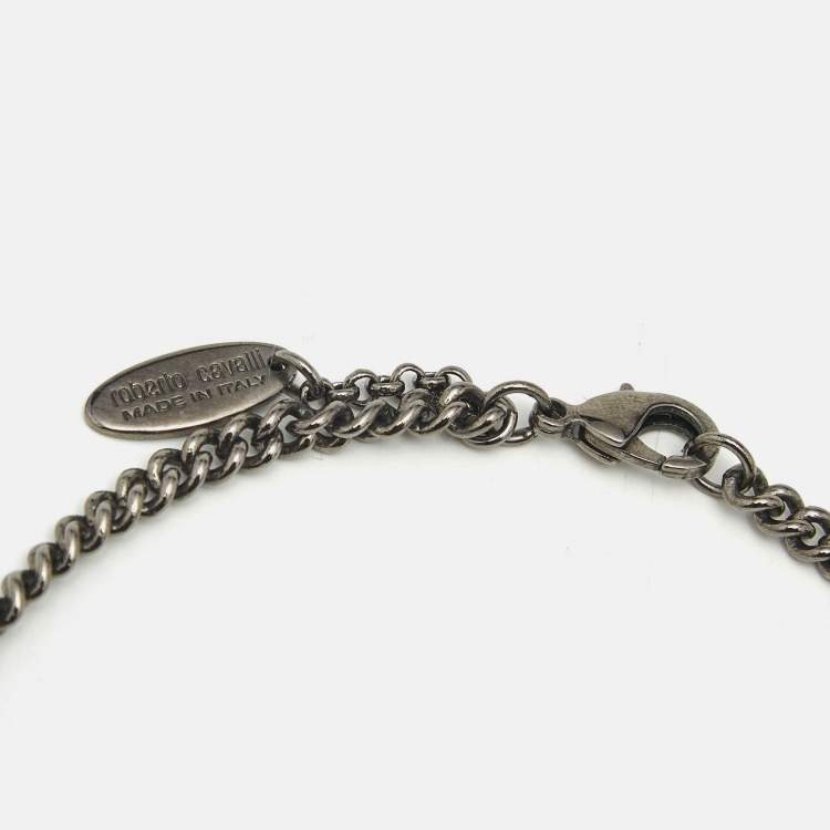 Pre Owned Roberto Cavalli Green Crystal Gunmetal Tone Pendant Necklace 
